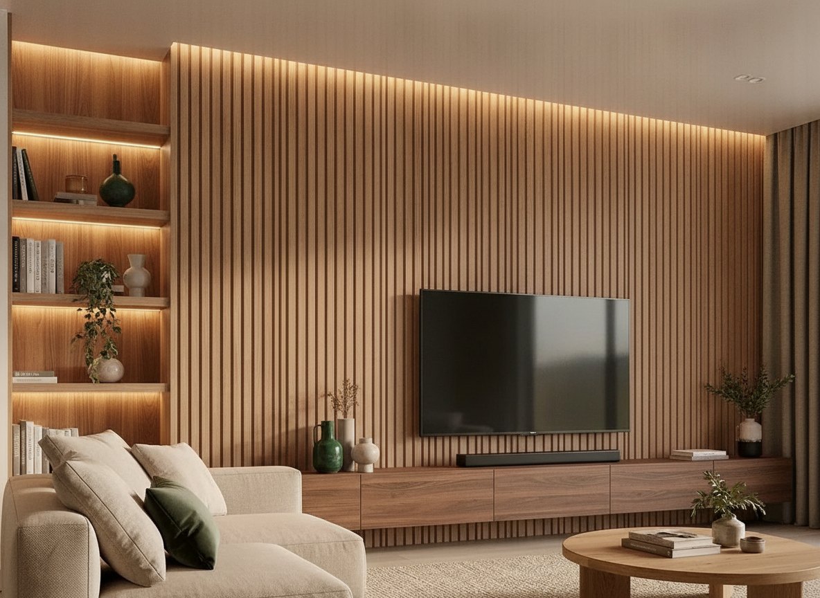 Organic modern room with a slatted wood wall