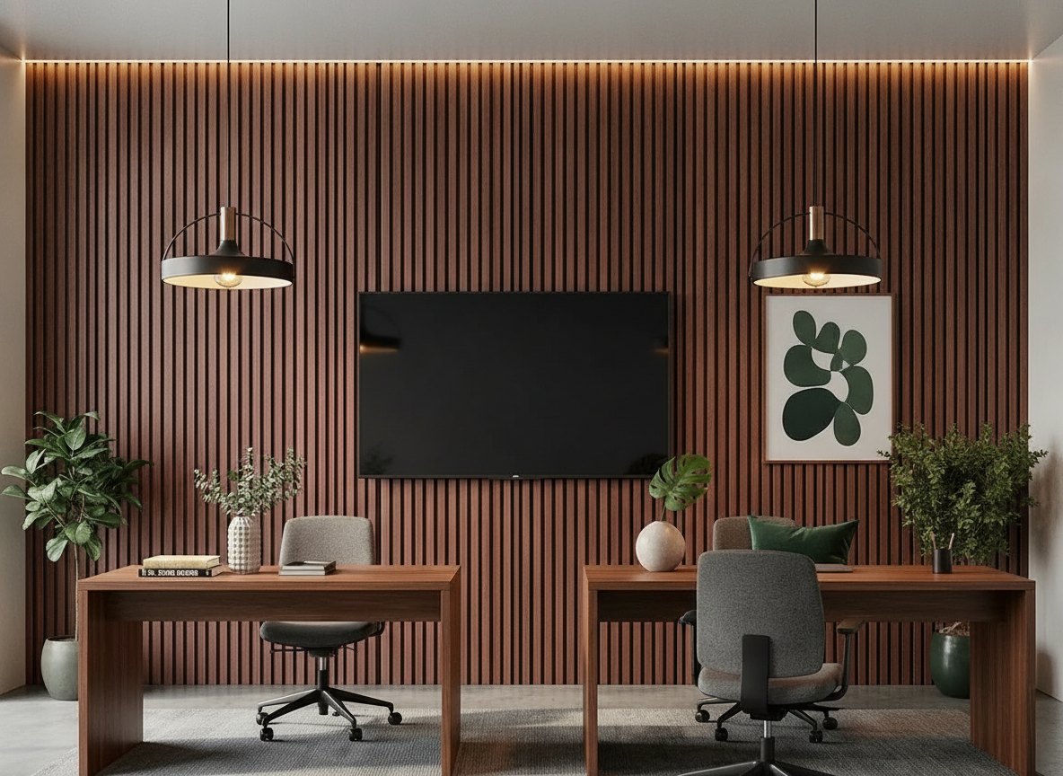 Organic modern room with a slatted wood wall