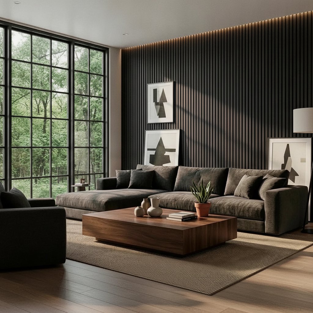Slatted Wood Wall Panels — 106 × 43 in — Black