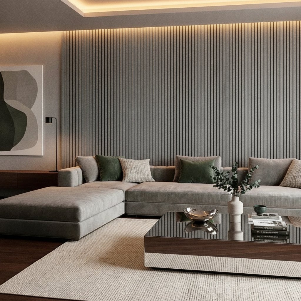 Slatted Wood Wall Panels — 106 × 43 in — Gray Oak