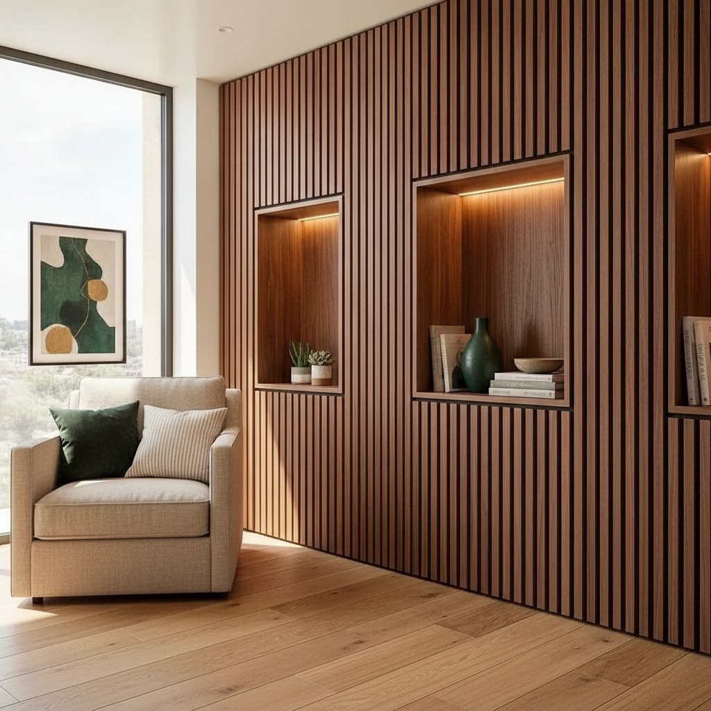 Slatted Wood Wall Panels — 106 × 43 in — Smoked Oak